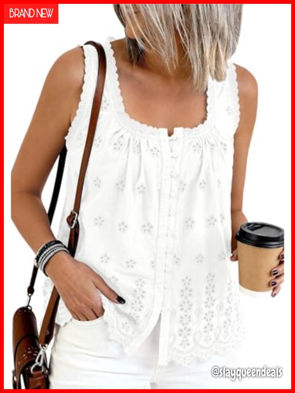 Lace Eyelet Embroidery Tank Top Button Down Square Neck Sleeveless